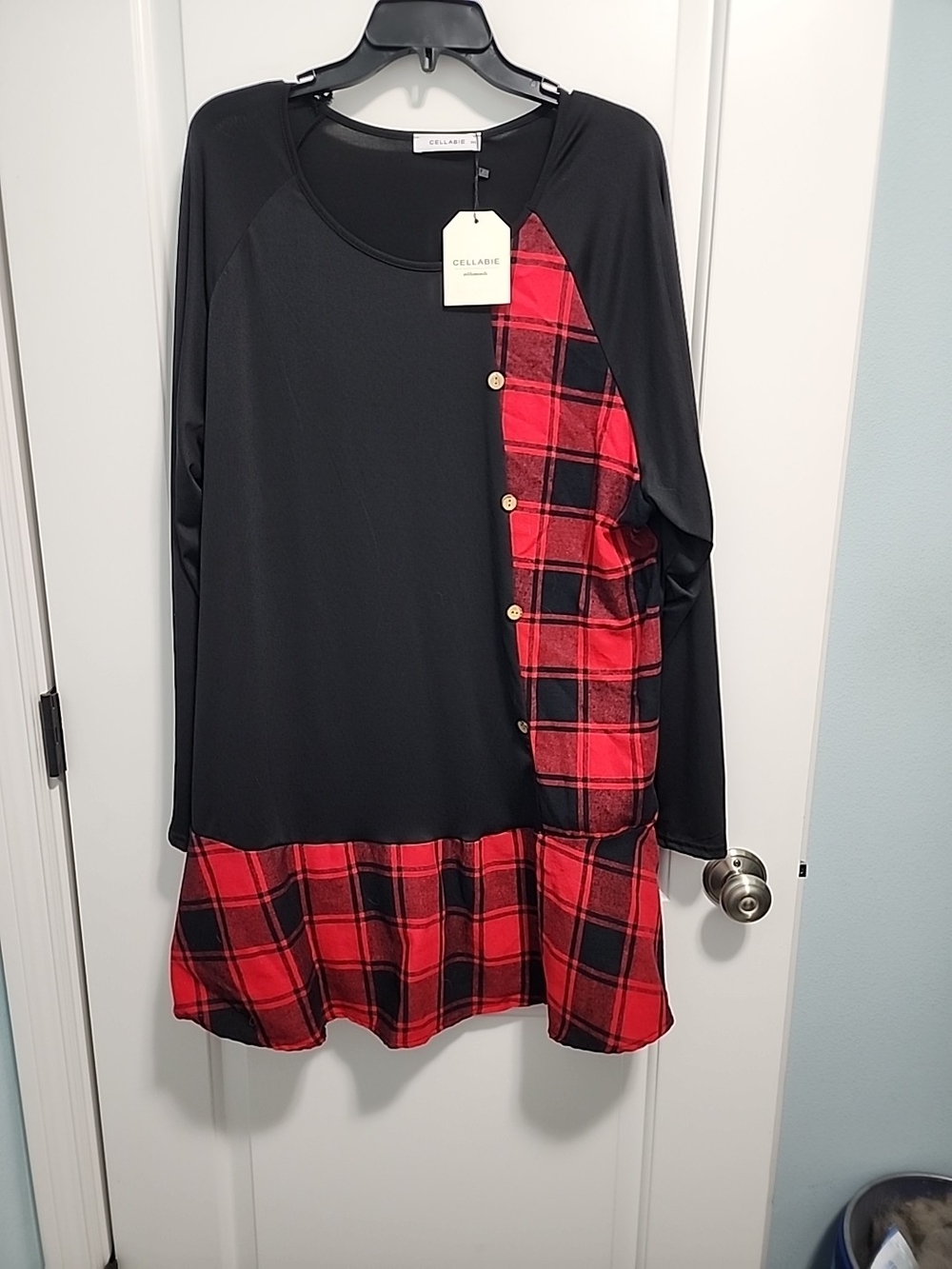 Cellar Door Black Tunic with Red Plaid Trim
